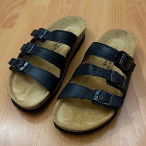 Naot Black Three-Strap Leather Buckle Sandals with Tan Suede Footbed
